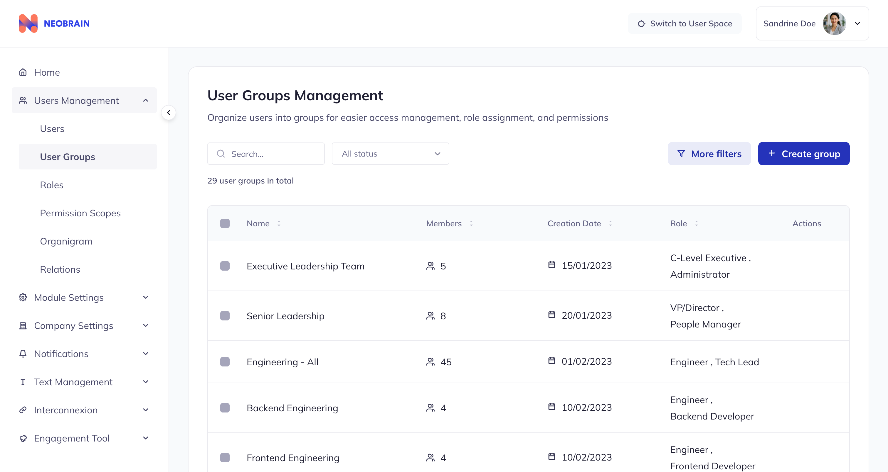 Liste des groupes d'utilisateurs